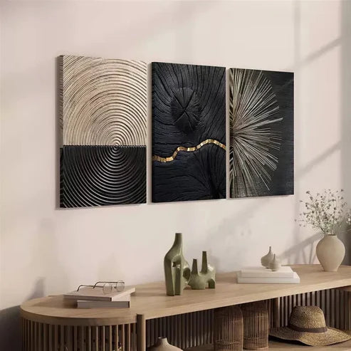 3pcs Luxury Black & Golden Wood Grain Canvas Framed 60x90cm - High Quality Print 100% Australian Made Wall Canvas Ready to Hang