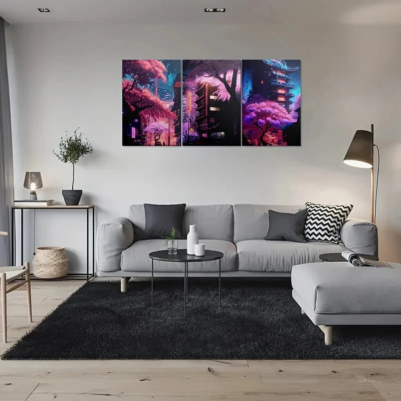 3pcs Cherry Blossom Vibrant Urban Night Scene Metal Print Ready to Hang Art