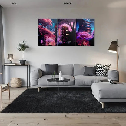 3pcs Cherry Blossom Vibrant Urban Night Scene Metal Print Ready to Hang Art