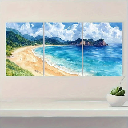 3pcs Sandy Beach Watercolor Coastal Scene Wall Art Set Canvas Framed 60x90cm - High Quality Print 100% Australian Made Wall Canvas Ready to Hang