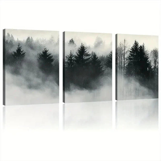 3pcs Foggy Forest Modern Landscape Prints  Wall Art Set Canvas Framed 40x60cm - High Quality Print 100% Australian Made Wall Canvas Ready to Hang