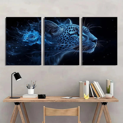3pcs Striking Blue Eyed Leopard & Roses Metal Print Ready to Hang Art