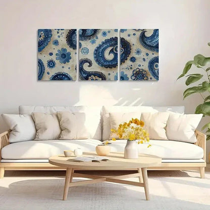 3pcs Blue & White Floral & Geometric Patterns Wall Art Set Canvas Unframed - High Quality Print 100% Australian Made Wall Canvas