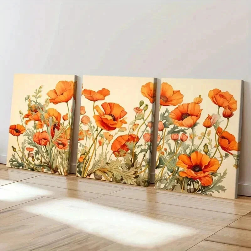 3pcs Nature Landscape Orange Flowers Wall Art Set Canvas Framed 40x60cm - High Quality Print 100% Australian Made Wall Canvas Ready to Hang