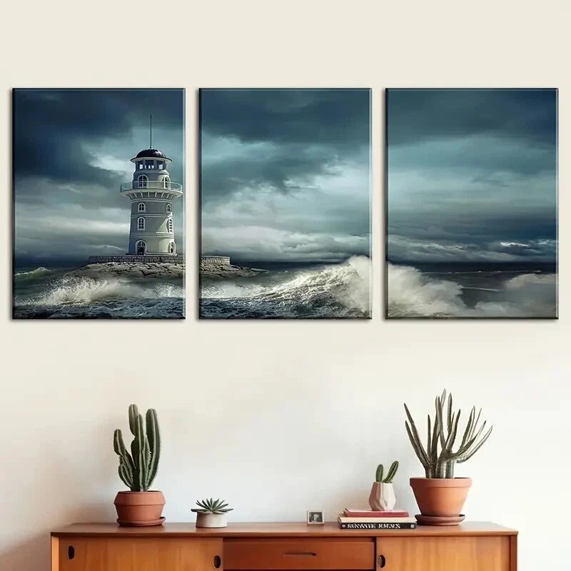 3pcs Ocean Lighthouse Triptych Waves Perfect Wall Art Set Canvas Framed 40x60cm - High Quality Print 100% Australian Made Wall Canvas Ready to Hang