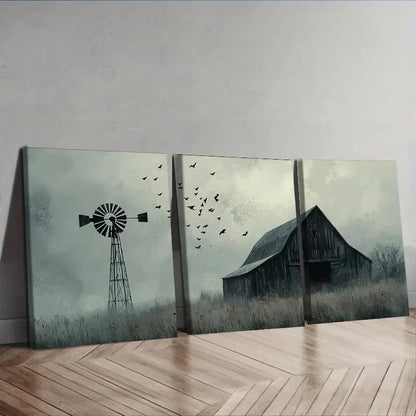 3pcs Black & White Barns and Windmills Wall Art Set Canvas Framed 40x60cm - High Quality Print 100% Australian Made Wall Canvas Ready to Hang