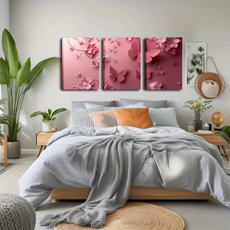 3pcs Modern Pink Butterfly & Floral Perfect Wall Art Set Canvas Framed 40x60cm - High Quality Print 100% Australian Made Wall Canvas Ready to Hang