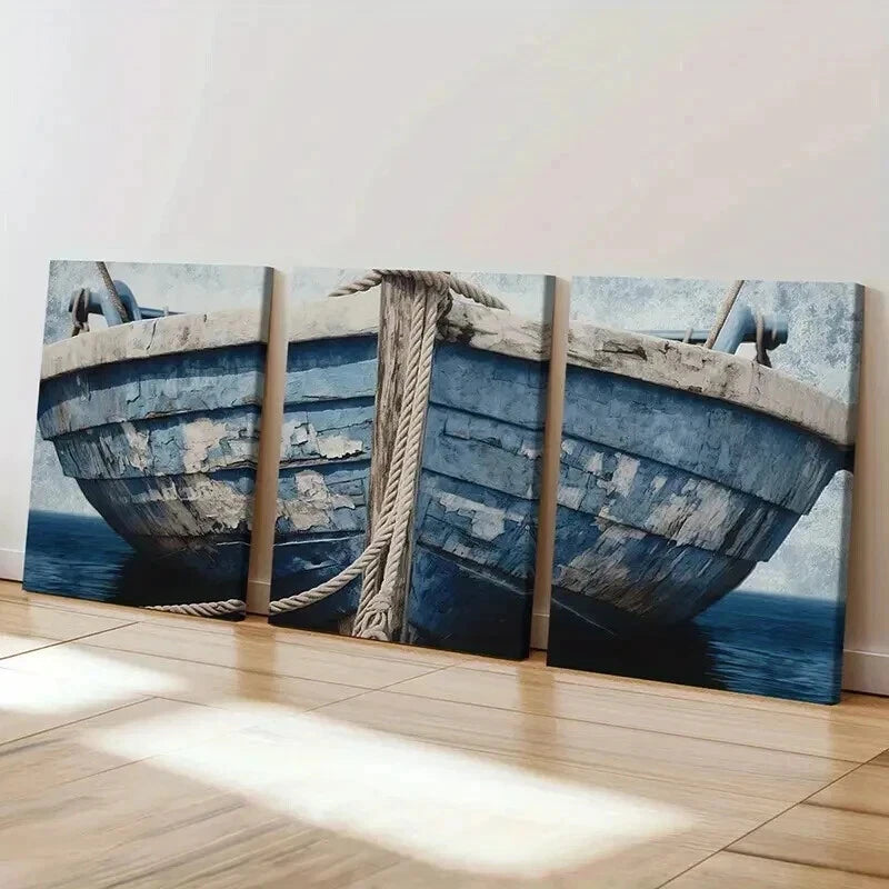 3pcs Blue Wooden Boat & Rope Design Wall Art Set Canvas Framed 40x60cm - High Quality Print 100% Australian Made Wall Canvas Ready to Hang