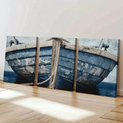 3pcs Blue Wooden Boat & Rope Design Wall Art Set Canvas Framed 40x60cm - High Quality Print 100% Australian Made Wall Canvas Ready to Hang
