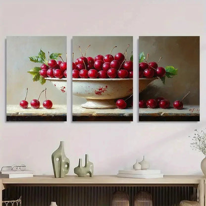 3pcs Cherry Berries Still Life Perfect Wall Art Set Canvas Framed 40x60cm - High Quality Print 100% Australian Made Wall Canvas Ready to Hang