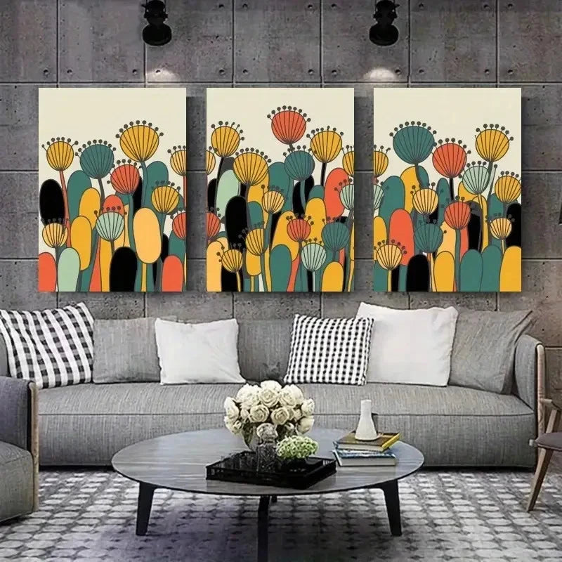 3pcs Abstract Flowers Geometric Shapes Metal Print Ready to Hang Art