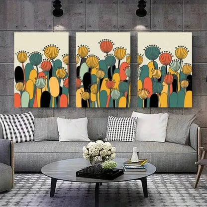3pcs Abstract Flowers Geometric Shapes Metal Print Ready to Hang Art