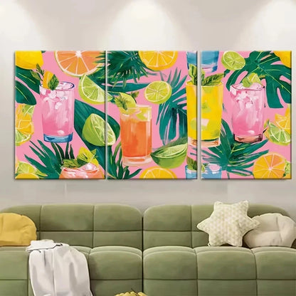 3pcs Summer Bar Cart Art Print, Pink Coconut Wall Art Set Canvas Framed 60x90cm - High Quality Print 100% Australian Made Wall Canvas Ready to Hang