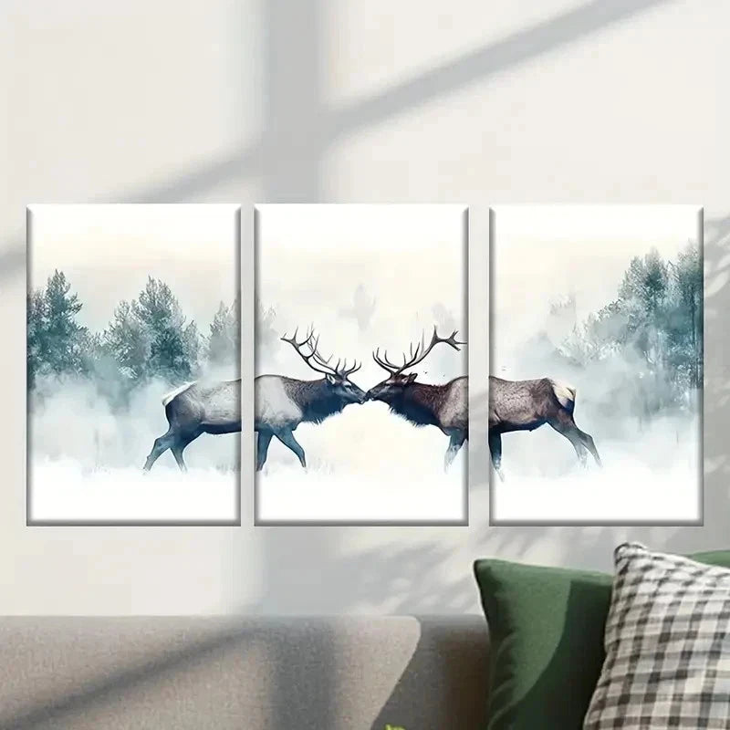3pcs Two Majestic Elk in Snowy Forest Scene Wall Art Set Canvas Framed 40x60cm - High Quality Print 100% Australian Made Wall Canvas Ready to Hang