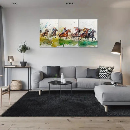 3pcs Watercolor Horse Race Green Themed Metal Print Ready to Hang Art