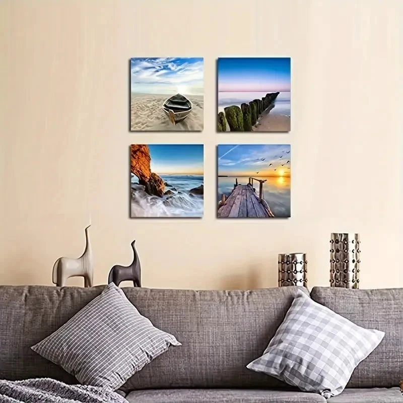 4pcs Ocean Beach Seaview Prints Wall Art Canvas Framed