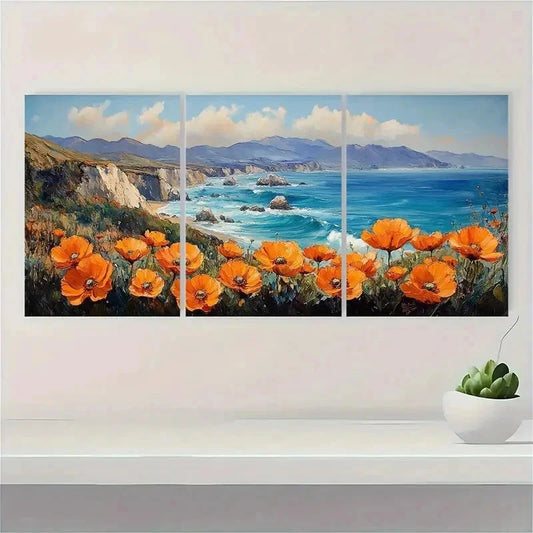 3pcs California Poppy & Big Sur Coast Perfect Wall Art Set Canvas Framed 40x60cm - High Quality Print 100% Australian Made Wall Canvas Ready to Hang