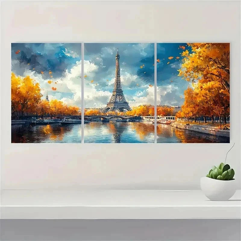 3pcs Paris Eiffel Tower Watercolor Seine Perfect Wall Art Set Canvas Framed 40x60cm - High Quality Print 100% Australian Made Wall Canvas Ready to Hang