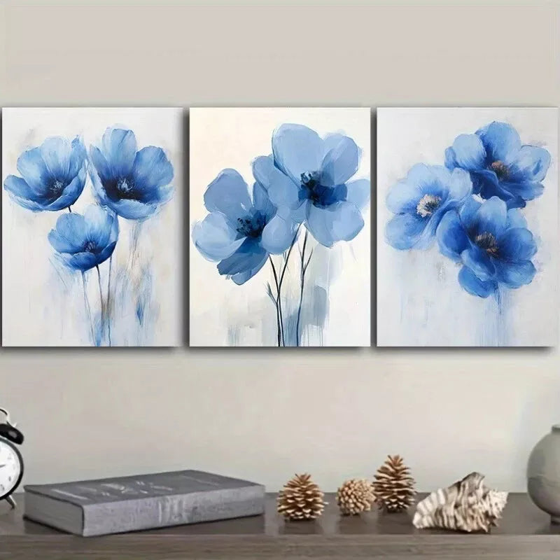 3pcs Featuring Blue Flowers Floral Wall Art Set Canvas Framed 50x70cm -  High Quality Print 100% Australian Made Wall Canvas Ready to Hang