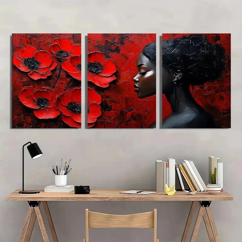 3pcs Modern Abstract Vibrant Red Poppies & Black Metal Print Ready to Hang Art