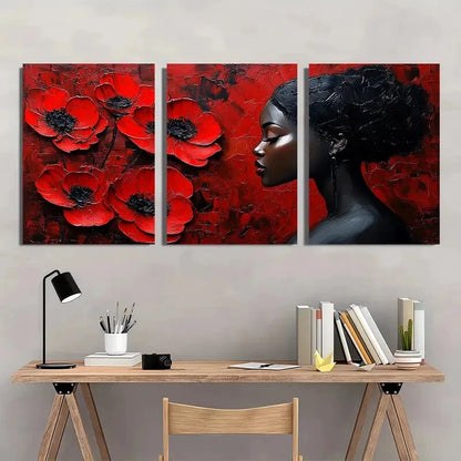 3pcs Modern Abstract Vibrant Red Poppies & Black Metal Print Ready to Hang Art