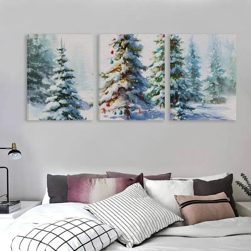 3pcs Trees with Snow Covered Pine Trees & Red  Wall Art Set Canvas Framed 60x90cm - High Quality Print 100% Australian Made Wall Canvas Ready to Hang