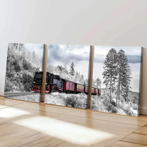 3pcs Winter Nature Snow Scene Steam Train Wall Art Canvas Unframed – High Quality Print 100% Australian Made Wall Canvas