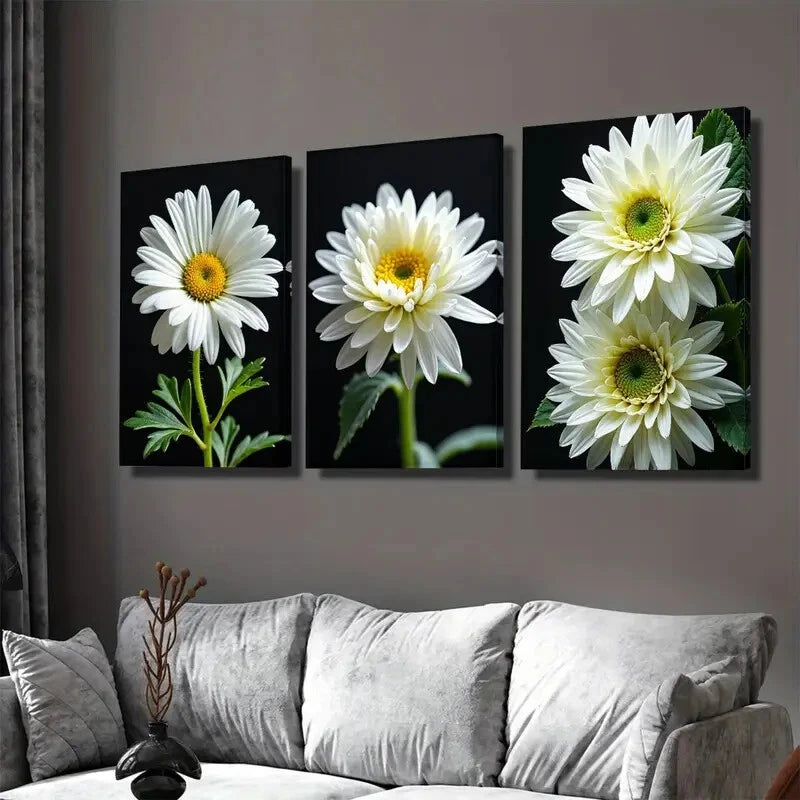 3pcs White Daisy Floral Modern Flower Painting Wall Art Set Canvas Framed 40x60cm - High Quality Print 100% Australian Made Wall Canvas Ready to Hang