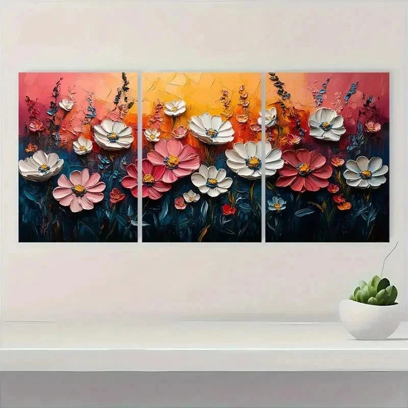 3pcs Pink Meadow & Wildflower Textured Perfect Wall Art Set Canvas Framed 60x90cm - High Quality Print 100% Australian Made Wall Canvas Ready to Hang