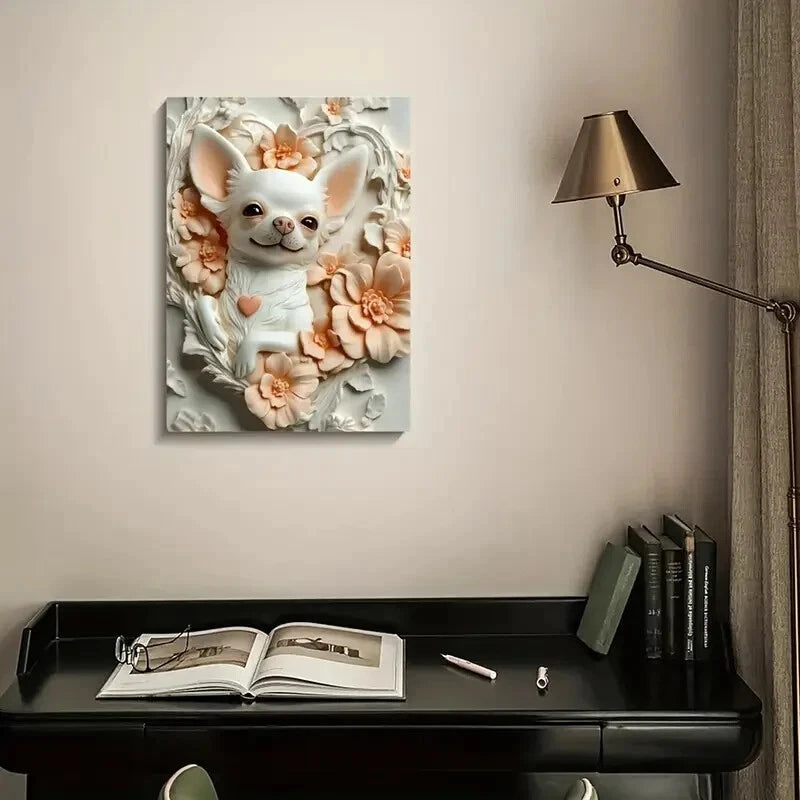 Humorous Chihuahua Surrounded by Flowers Painting 40x60cm Metal Print Ready to Hang
