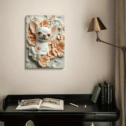 Humorous Chihuahua Surrounded by Flowers Painting 40x60cm Metal Print Ready to Hang