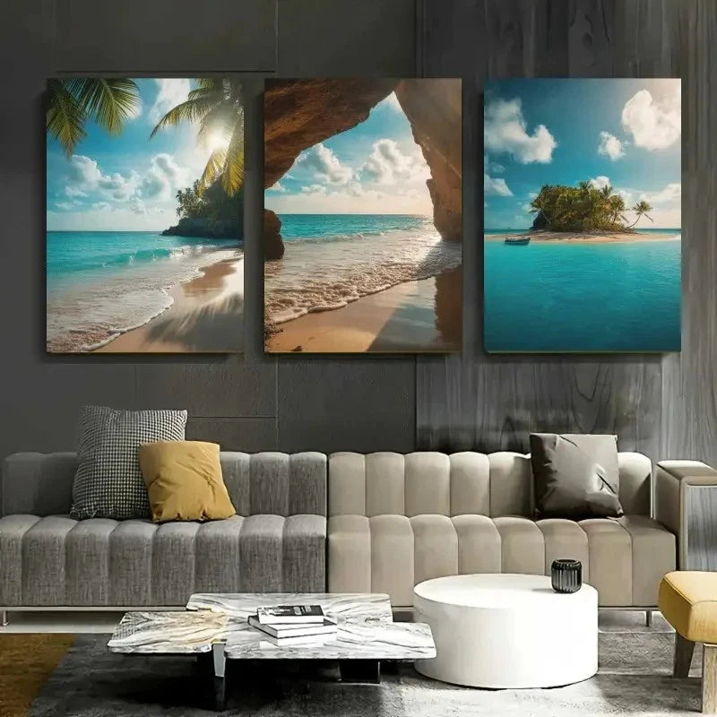 3pcs Palm Trees Blue Ocean Sandy Beach Clear Sky Metal Print Ready to Hang Art