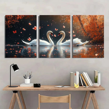 3pcs White Swans Autumnal Forest Scene Metal Print Ready to Hang Art