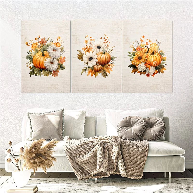 3pcs Rustic Pumpkin Watercolor Wall Art Set Canvas Framed 60x90cm - High Quality Print 100% Australian Made Wall Canvas Ready to Hang