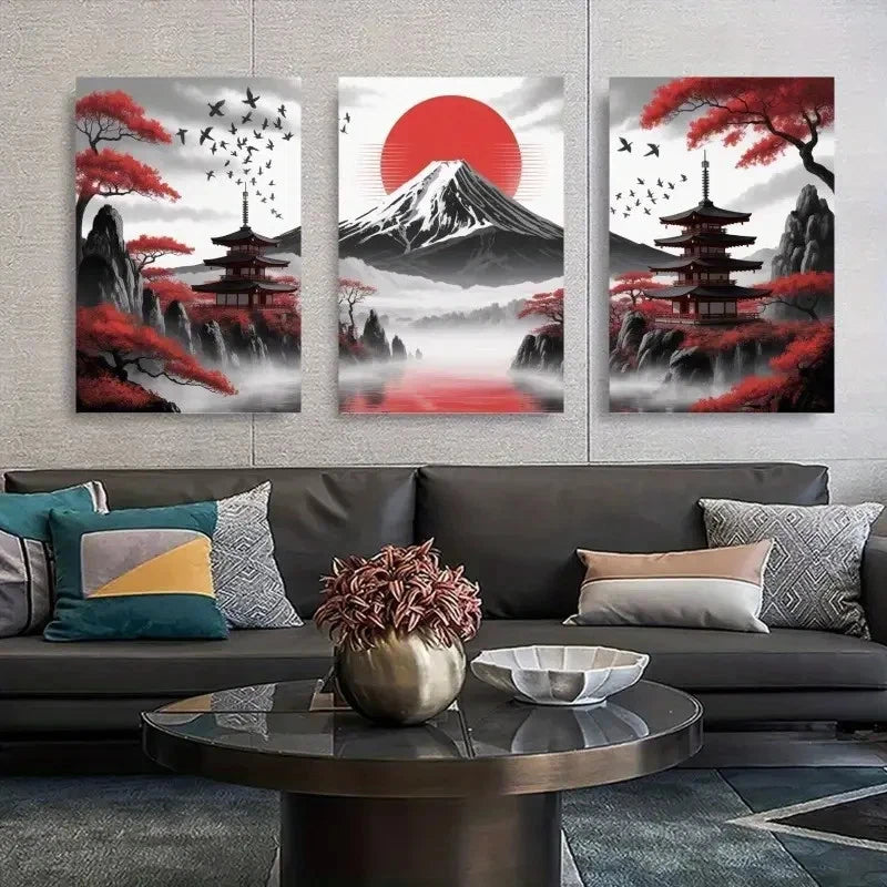 3pcs Red Sun, Mount Fuji, Japanese Pagoda  Wall Art Set Canvas Framed 60x90cm - High Quality Print 100% Australian Made Wall Canvas Ready to Hang
