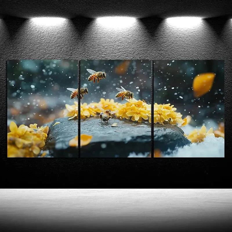 3pcs Insects Bees on Osmanthus Metal Print Ready to Hang Art