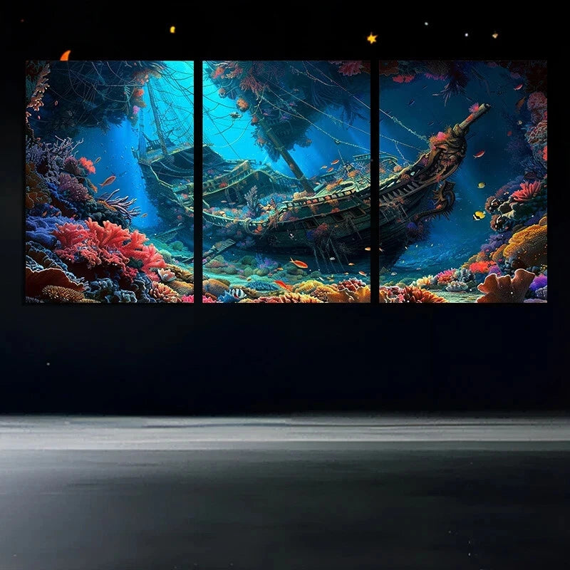 3pcs Ocean Shipwreck Vibrant Marine Life Metal Print Ready to Hang Art