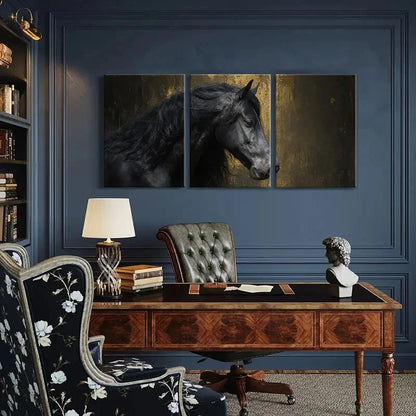 3pcs Elegant Black Golden Horse Portrait Metal Print Ready to Hang Art