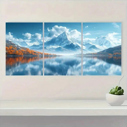 3pcs Featuring Minimalist Mountains And a Lake Metal Print Ready to Hang Art