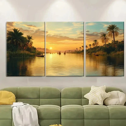 3pcs Serene Egyptian Landscape with Palm Trees Metal Print Ready to Hang Art