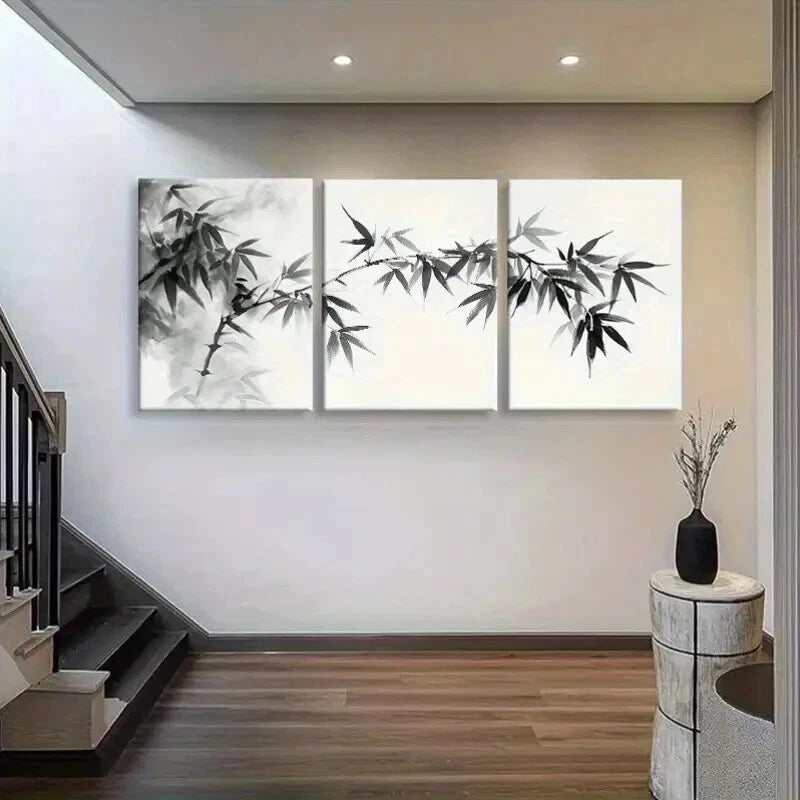 3pcs Bamboo Branch Black and White Perfect Wall Art Set Canvas Framed 40x60cm - High Quality Print 100% Australian Made Wall Canvas Ready to Hang