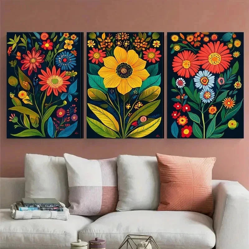 3pcs Vintage Venezuela Floral Folk Perfect Wall Art Set Canvas Framed 60x90cm - High Quality Print 100% Australian Made Wall Canvas Ready to Hang