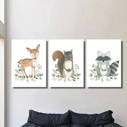 3pcs Cute Baby Deer Squirrel Raccoon Wall Art Set Canvas Unframed - High Quality Print 100% Australian Made Wall Canvas