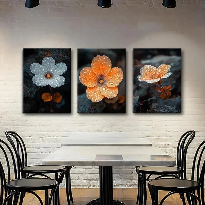 3pcs Orange & White Dew-Kissed Flower Perfect Wall Art Set Canvas Framed 50x70cm - High Quality Print 100% Australian Made Wall Canvas Ready to Hang