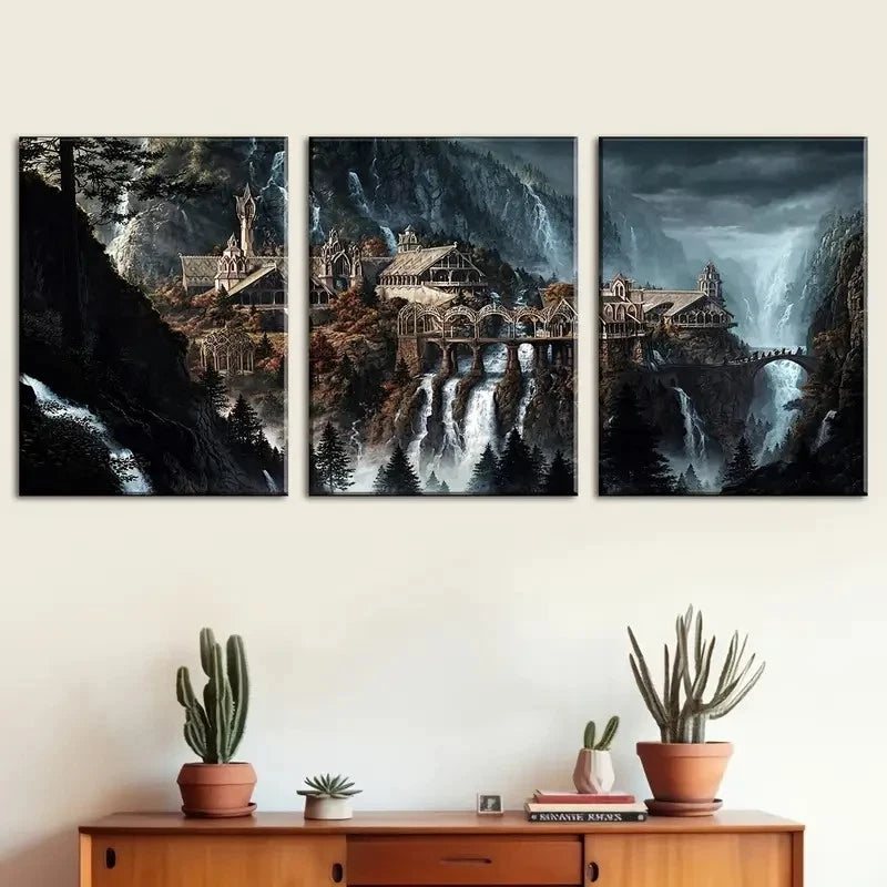 3pcs Medieval Castle Mountain Waterfall Metal Print Ready to Hang Art