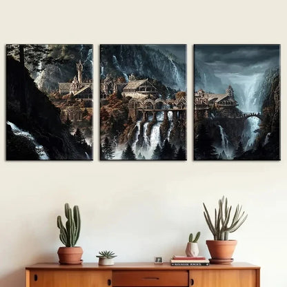 3pcs Medieval Castle Mountain Waterfall Metal Print Ready to Hang Art