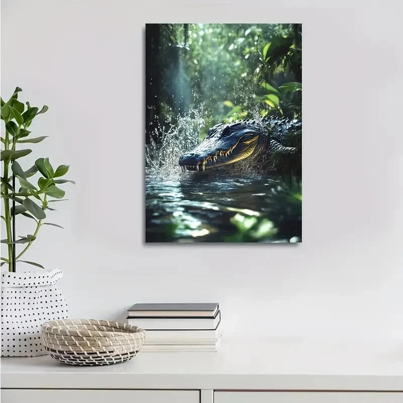 Crocodile Splashing in Water in a Magical Forest 40x60cm Metal Print Ready to Hang