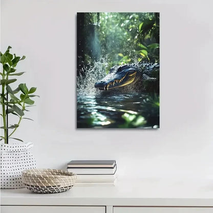Crocodile Splashing in Water in a Magical Forest 40x60cm Metal Print Ready to Hang