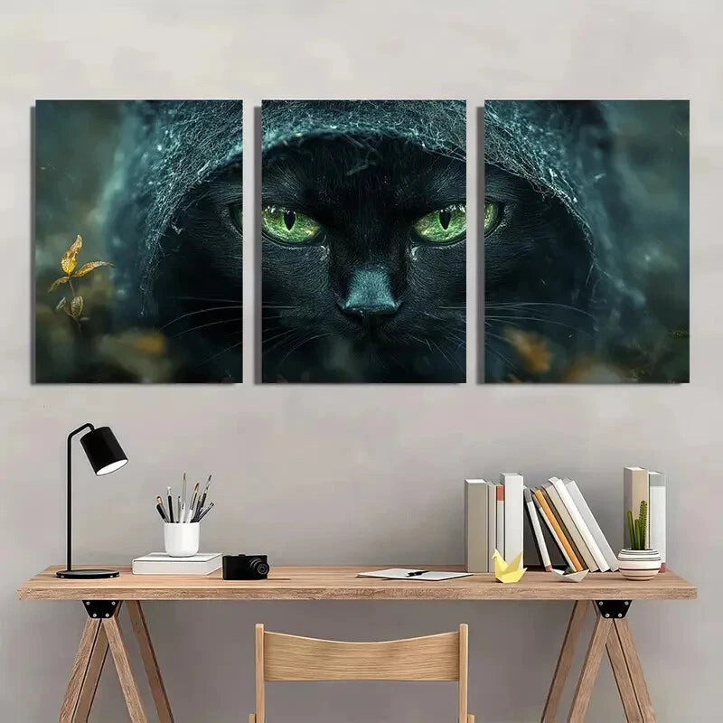 3pcs Spooky Black Cat with Green Eyes Metal Print Ready to Hang Art