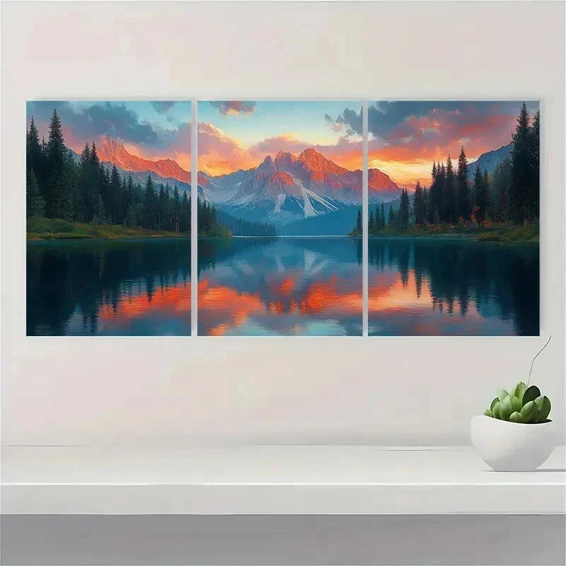 3pcs Sunset Mountain Landscape Lake Mountain Wall Art Set Canvas Framed 40x60cm - High Quality Print 100% Australian Made Wall Canvas Ready to Hang